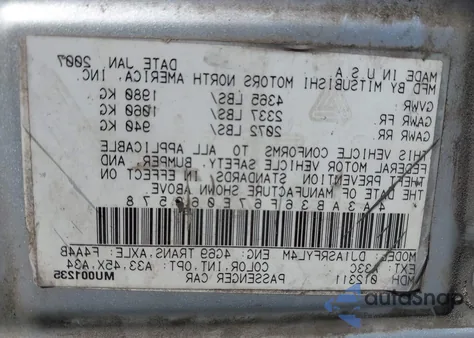 2007 Mitsubishi Galant Es/Se from USA, damaged, VIN 4A3AB36F67E060578